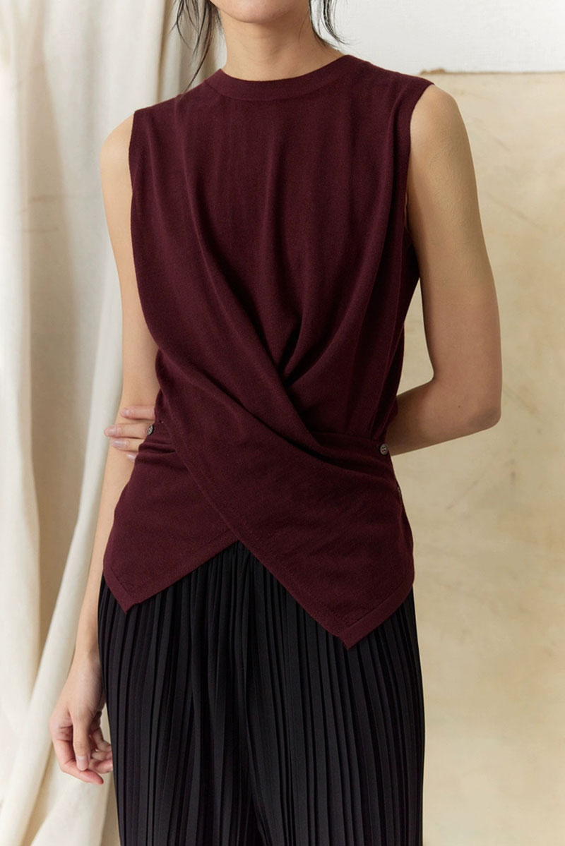 100 Wool Knit Asymmetrical Crew-Neck Wrap Tank Top