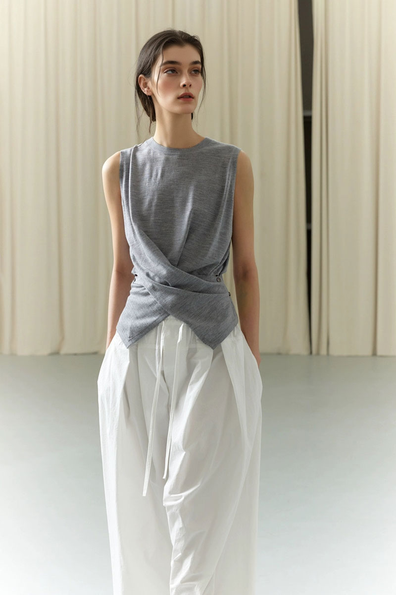 100 Wool Knit Asymmetrical Crew-Neck Wrap Tank Top