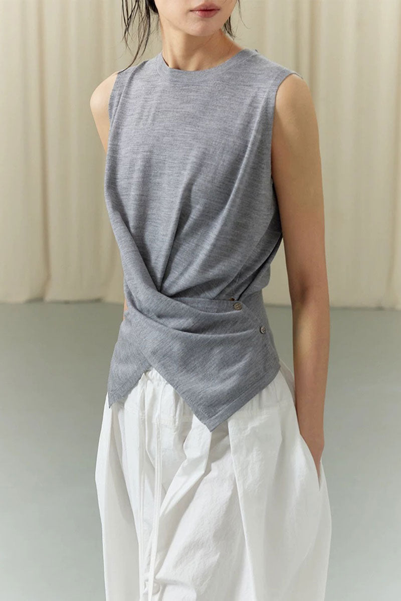 100 Wool Knit Asymmetrical Crew-Neck Wrap Tank Top