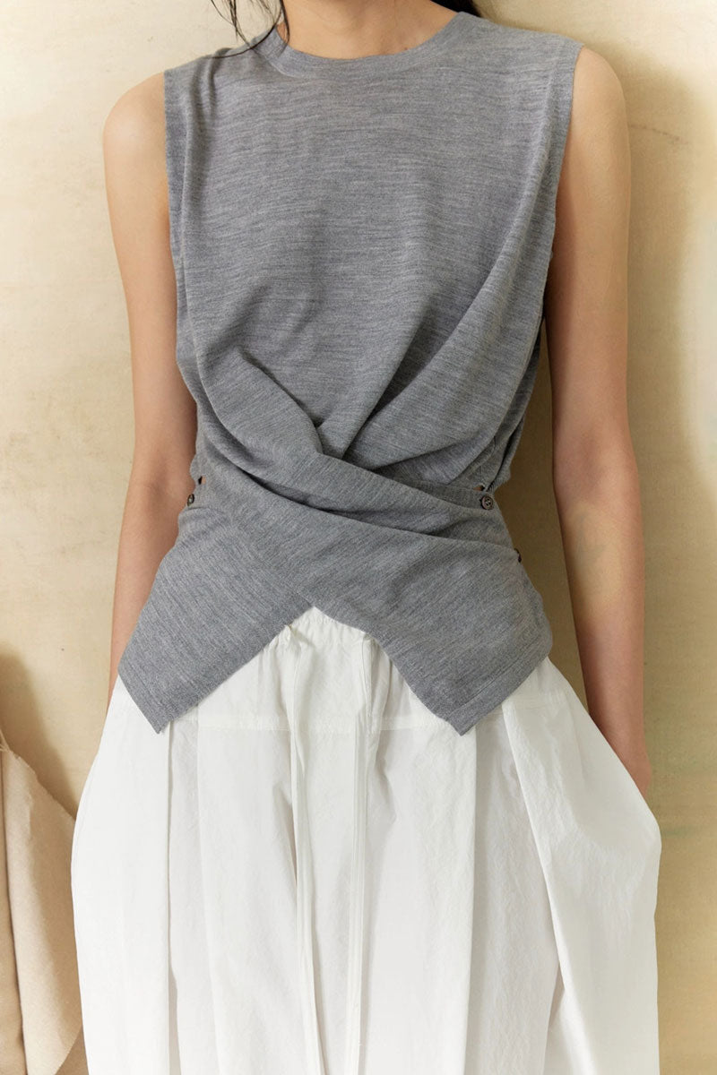 100 Wool Knit Asymmetrical Crew-Neck Wrap Tank Top
