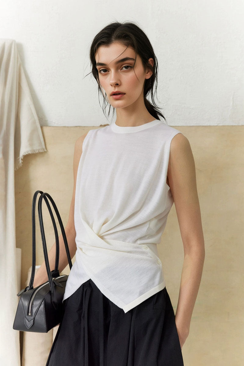 100 Wool Knit Asymmetrical Crew-Neck Wrap Tank Top