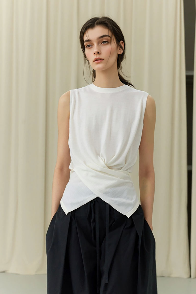 100 Wool Knit Asymmetrical Crew-Neck Wrap Tank Top