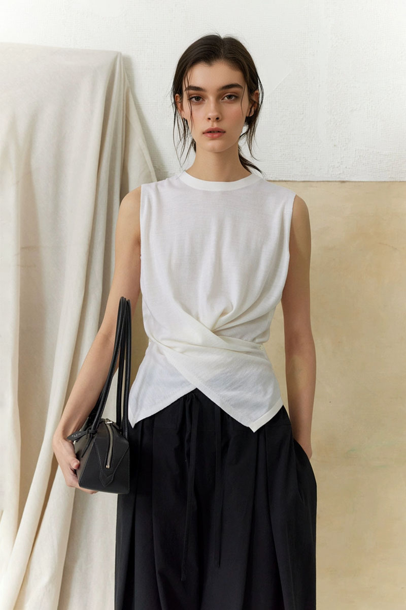 100 Wool Knit Asymmetrical Crew-Neck Wrap Tank Top