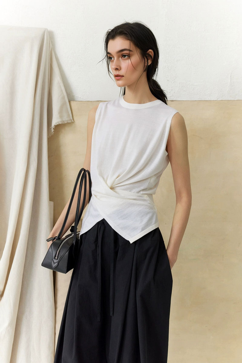 100 Wool Knit Asymmetrical Crew-Neck Wrap Tank Top