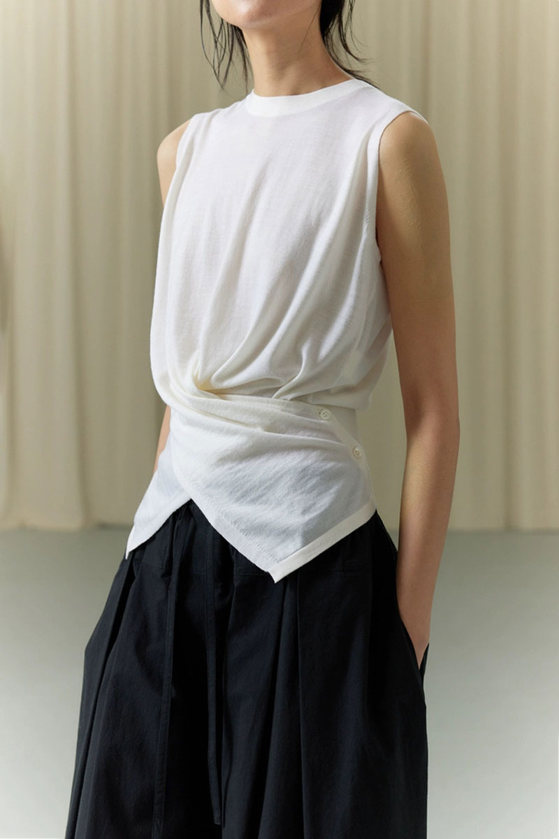100 Wool Knit Asymmetrical Crew-Neck Wrap Tank Top