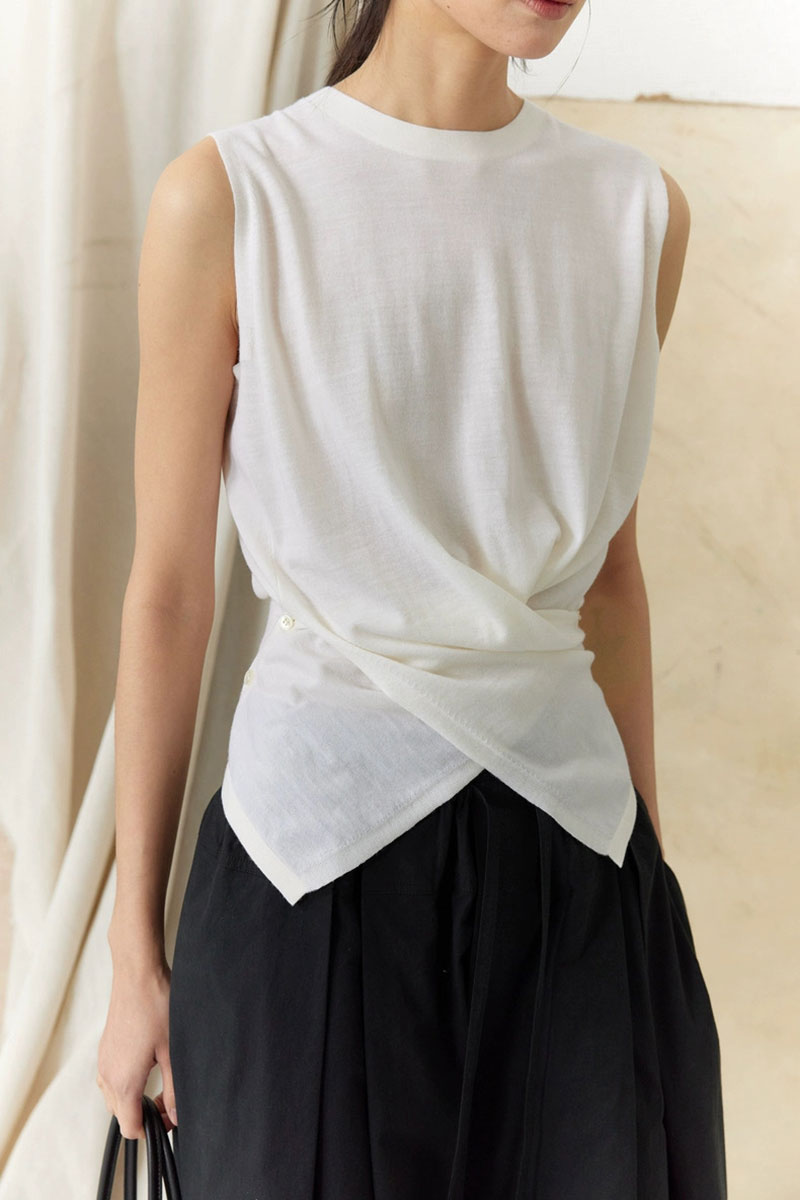 100 Wool Knit Asymmetrical Crew-Neck Wrap Tank Top