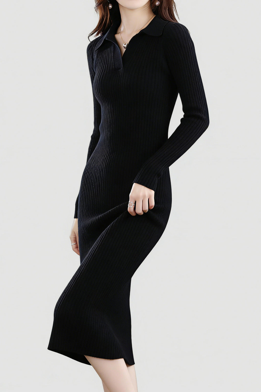 100% Wool Long Sleeve Ribbed Polo Midi Sweater Dress