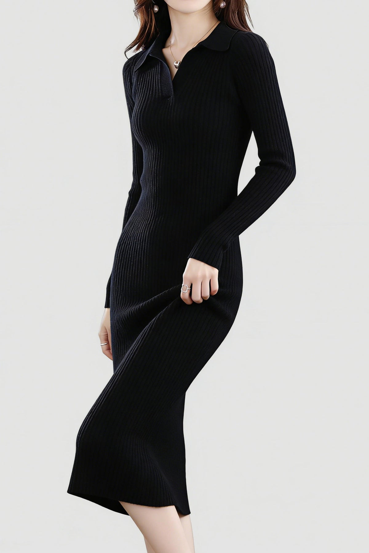 100% Wool Long Sleeve Ribbed Polo Midi Sweater Dress