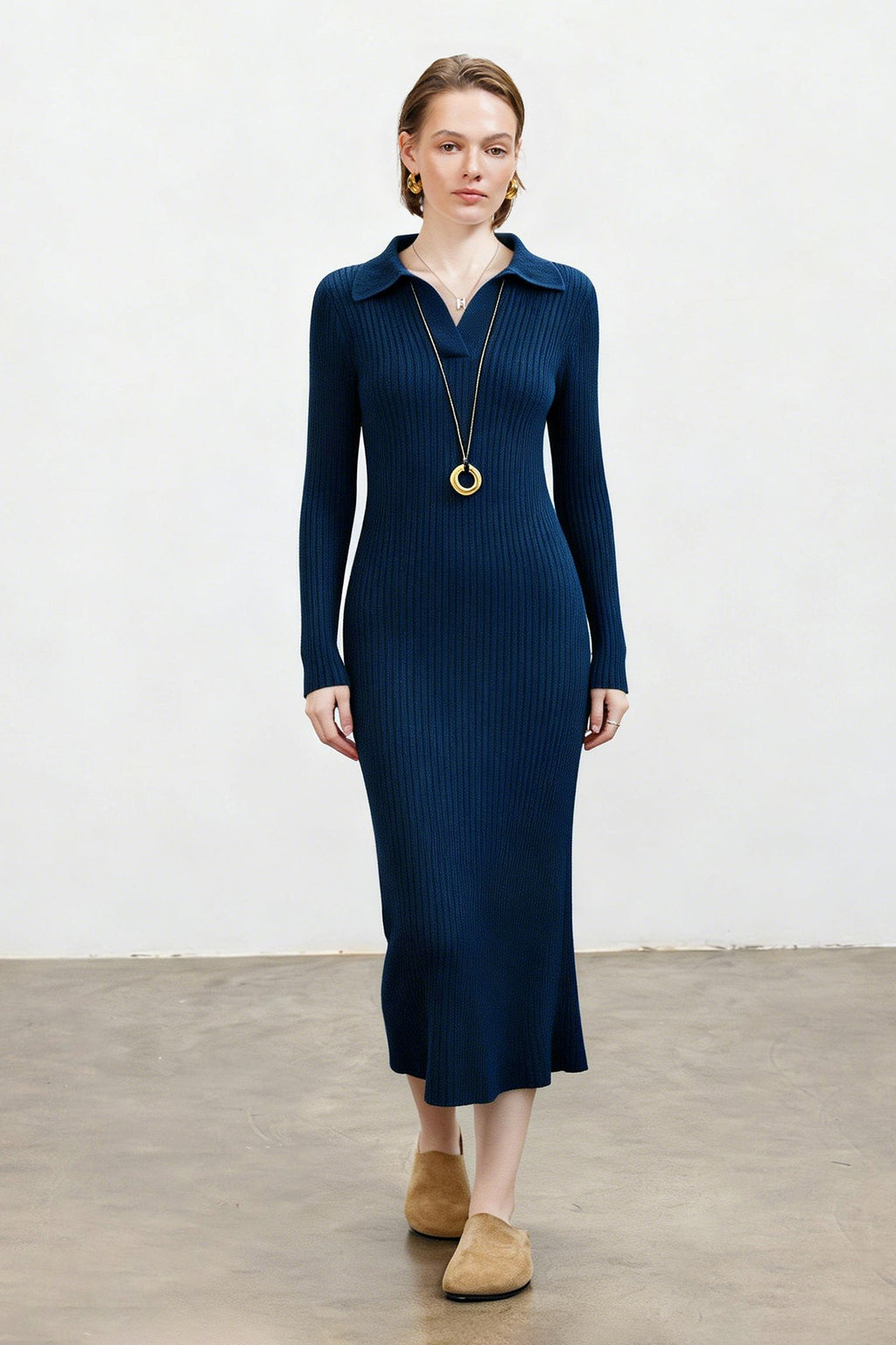 100% Wool Long Sleeve Ribbed Polo Midi Sweater Dress