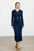 100% Wool Long Sleeve Ribbed Polo Midi Sweater Dress