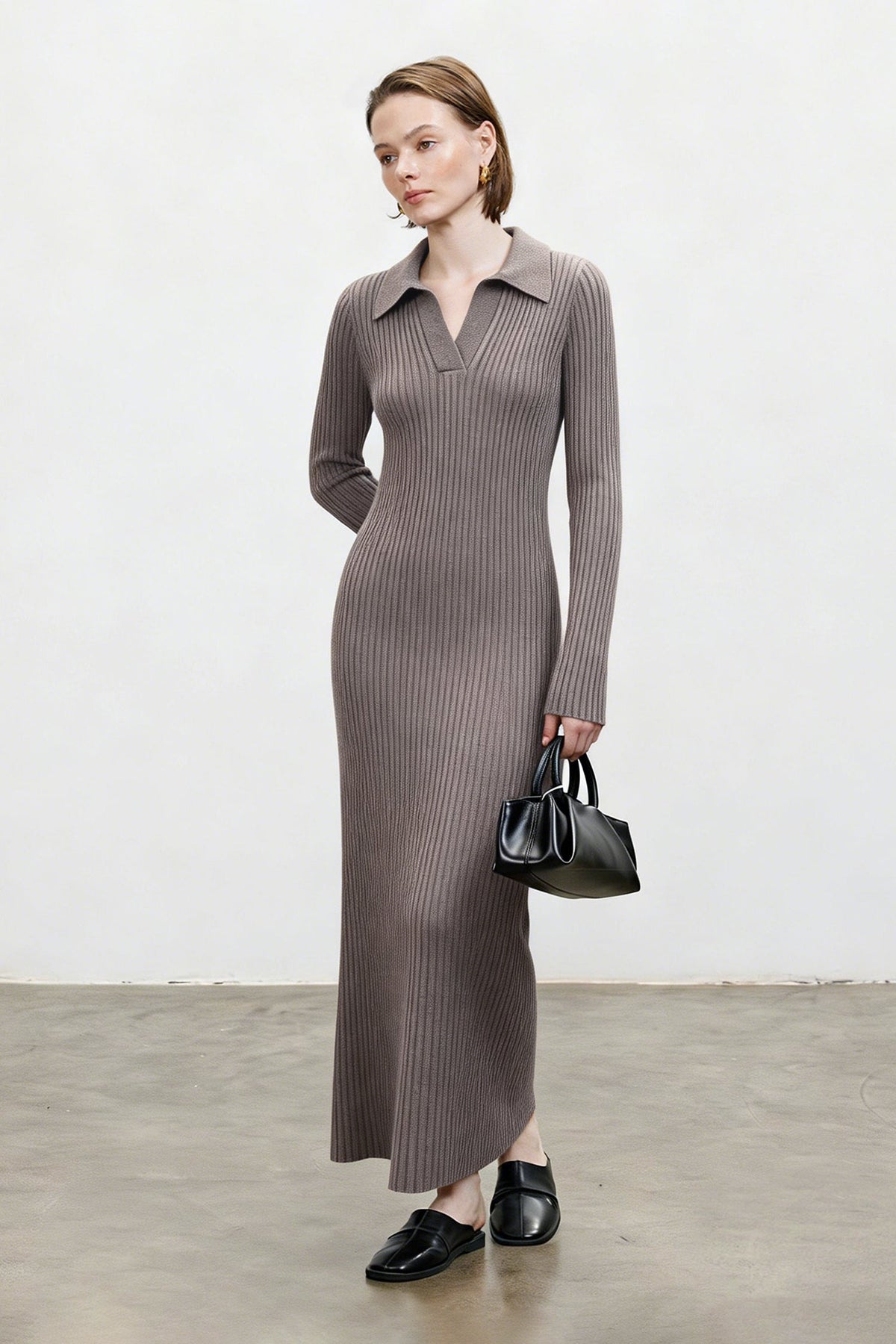100% Wool Long Sleeve Ribbed Polo Midi Sweater Dress