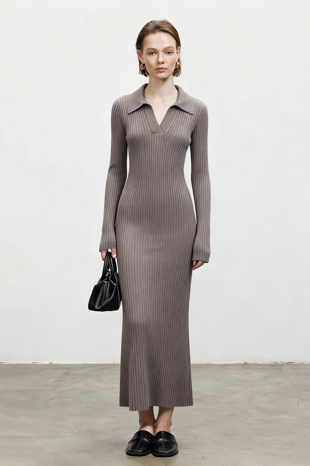 100% Wool Long Sleeve Ribbed Polo Midi Sweater Dress