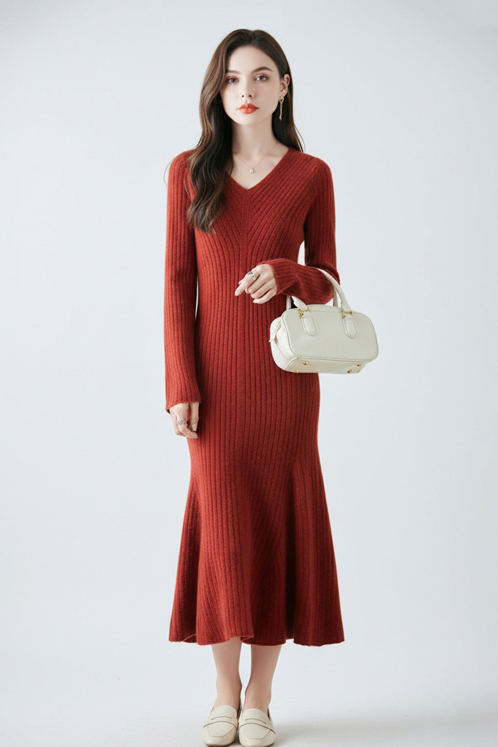 100% Wool Long Sleeve V-NecK Midi Sweater Dress
