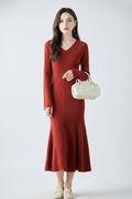 100% Wool Long Sleeve V-NecK Midi Sweater Dress