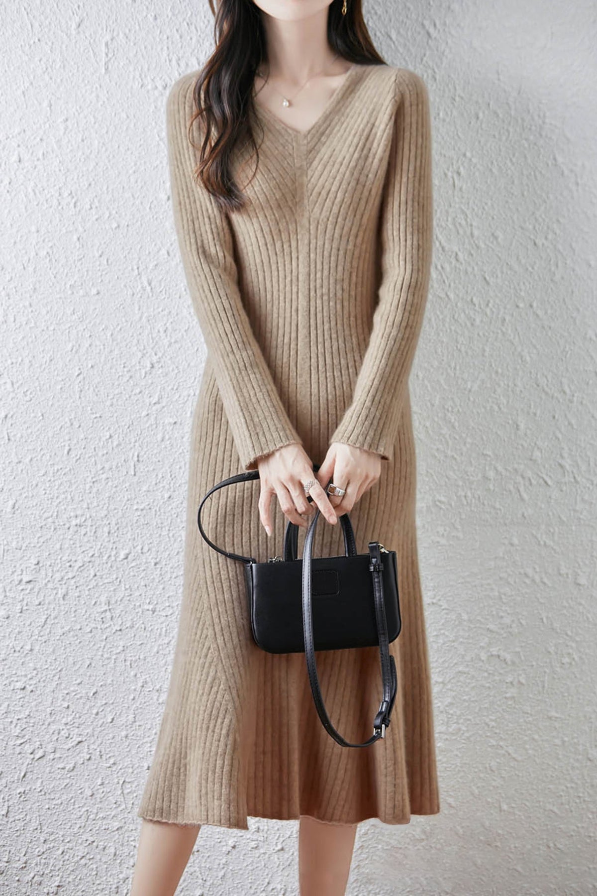 100% Wool Long Sleeve V-NecK Midi Sweater Dress