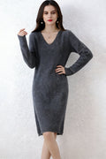 100% Wool Long Sleeve V-Neck Pullover Sweater Dress
