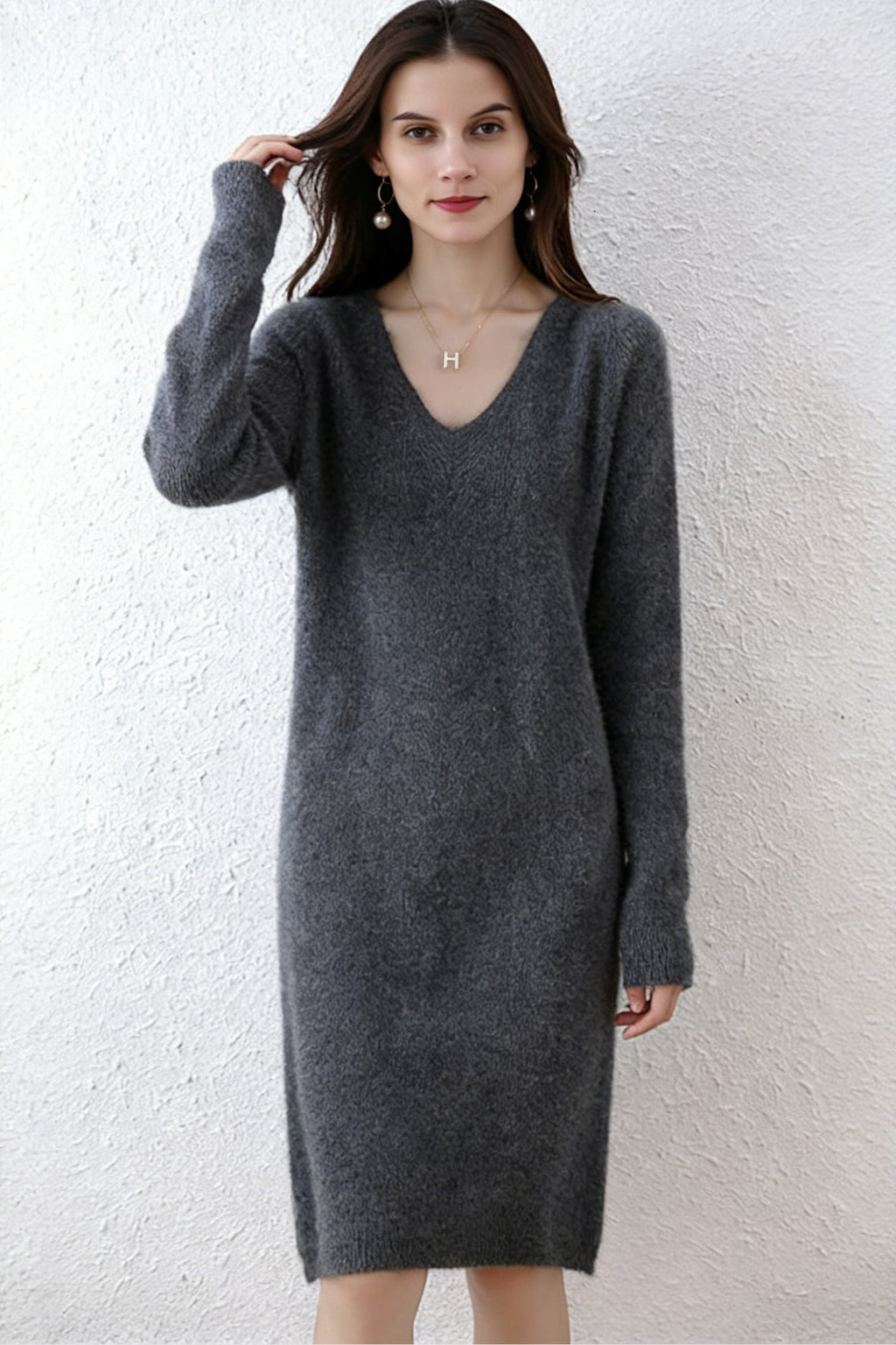 100% Wool Long Sleeve V-Neck Pullover Sweater Dress
