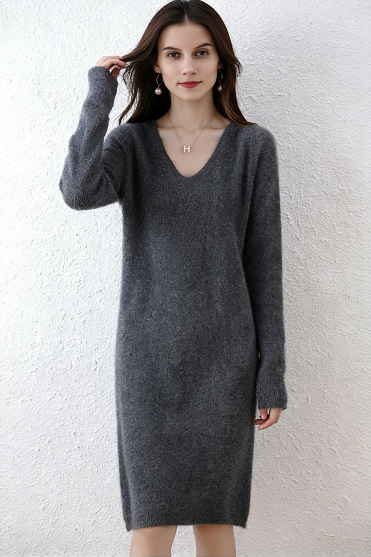 100% Wool Long Sleeve V-Neck Pullover Sweater Dress