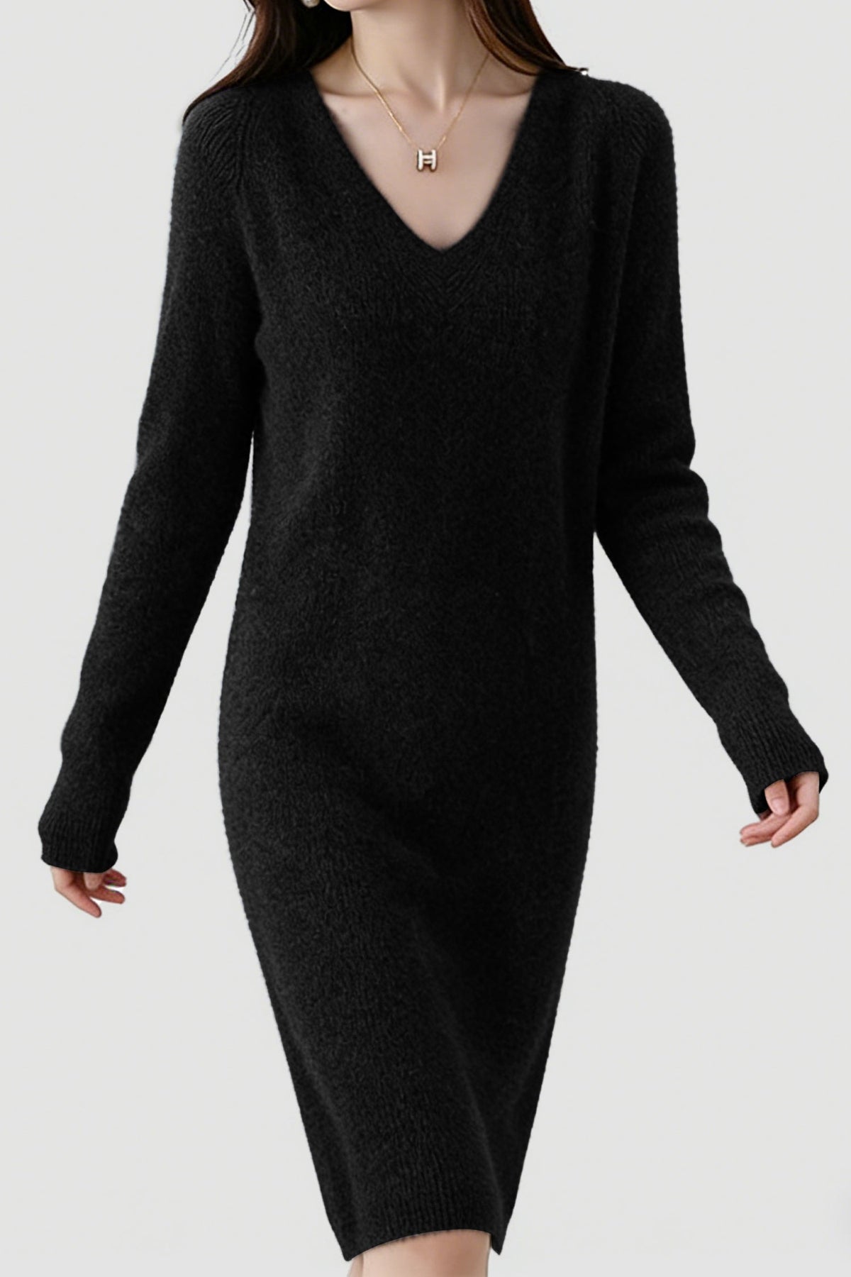 100% Wool Long Sleeve V-Neck Pullover Sweater Dress