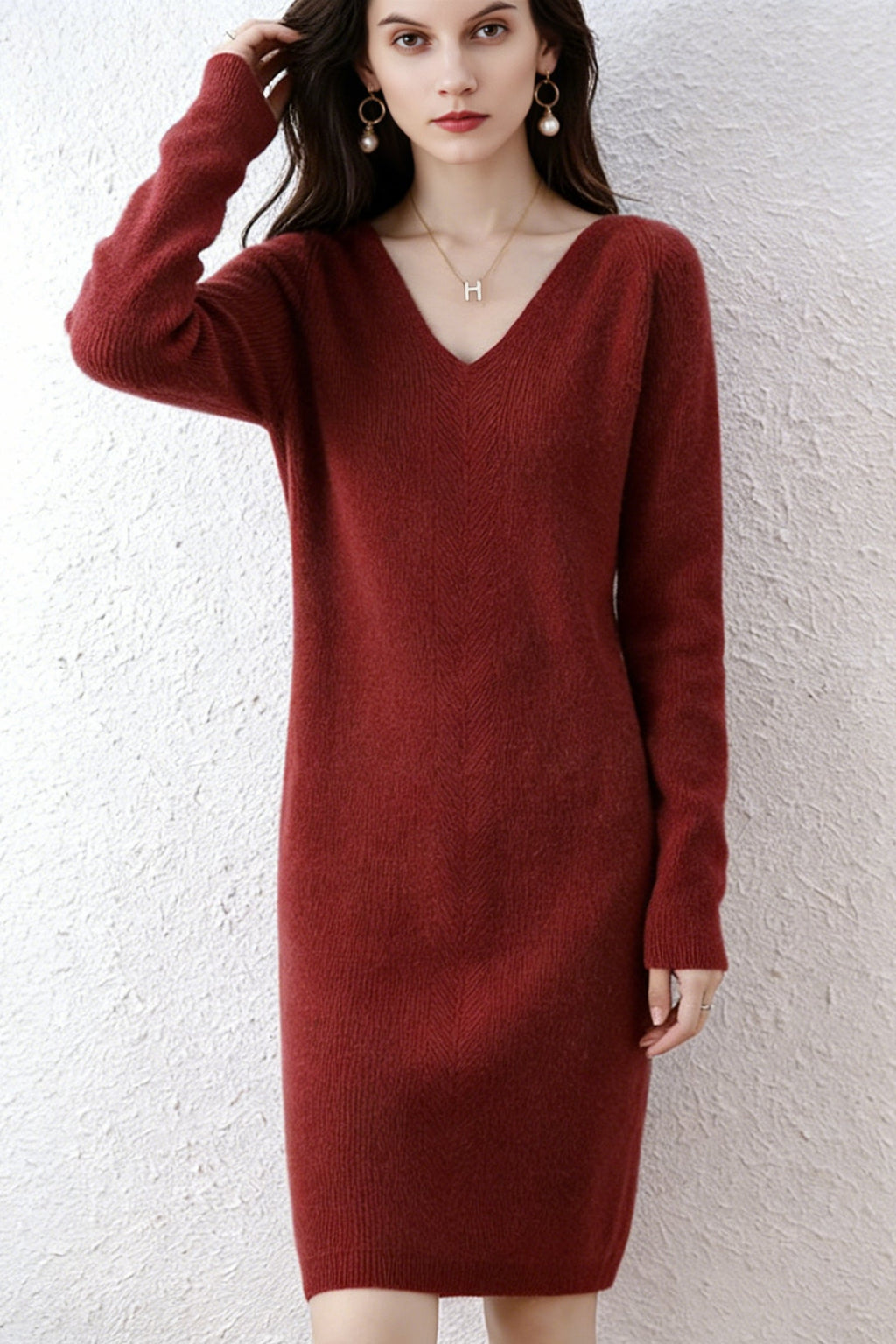 100% Wool Long Sleeve V-Neck Pullover Sweater Dress