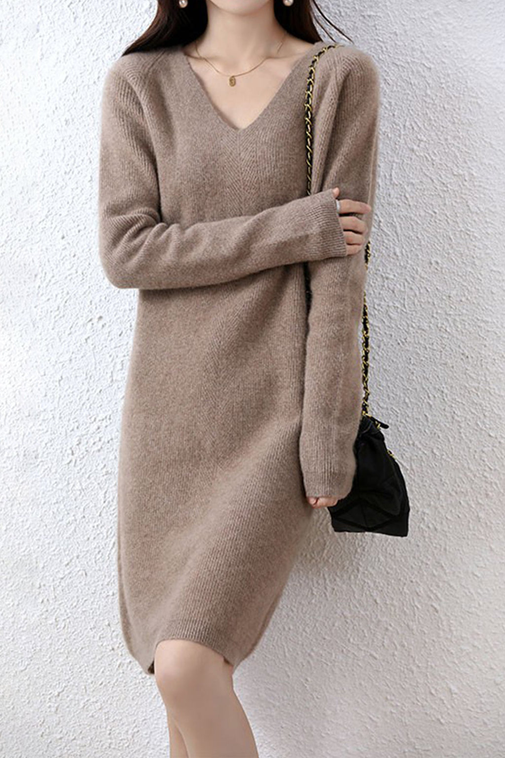 100% Wool Long Sleeve V-Neck Pullover Sweater Dress