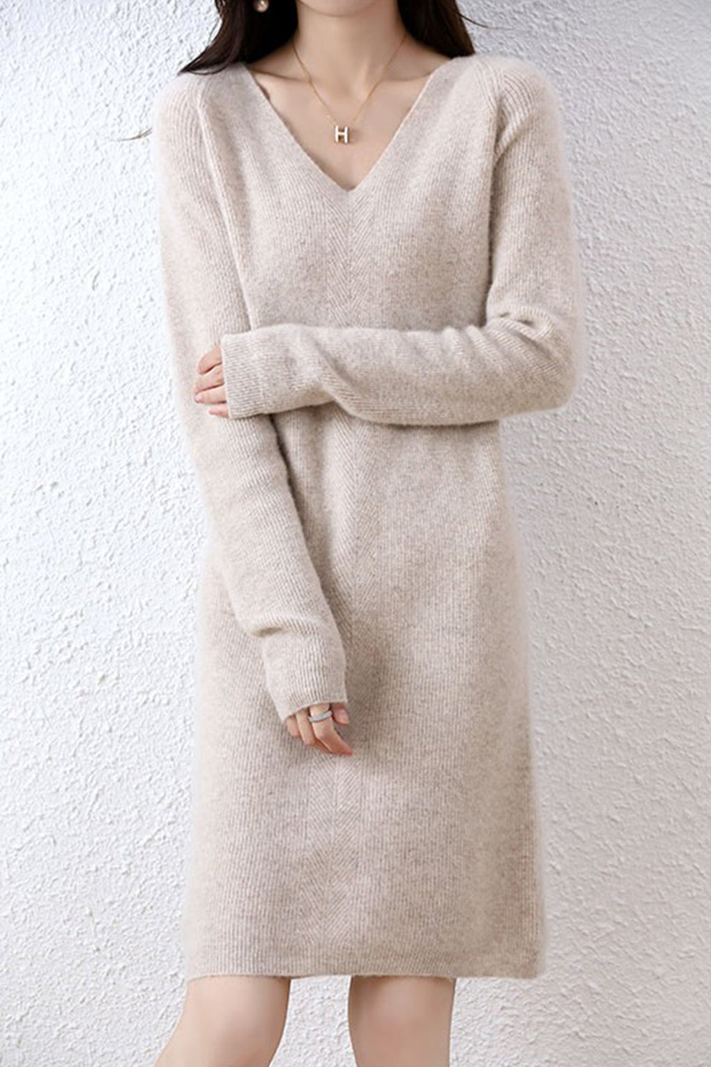 100% Wool Long Sleeve V-Neck Pullover Sweater Dress
