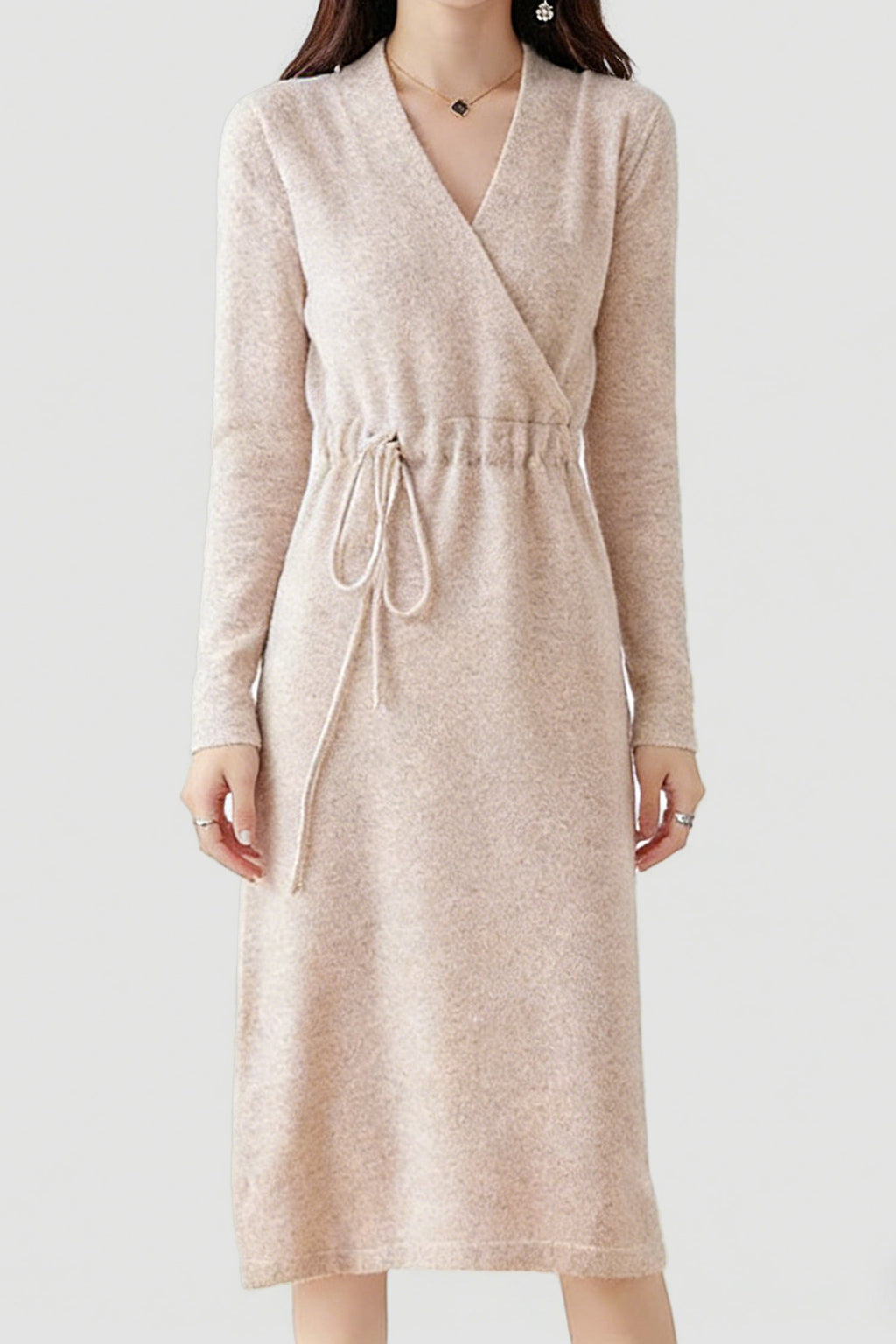 100% Wool Long Sleeve Wrap Drawstring Sweater Dress