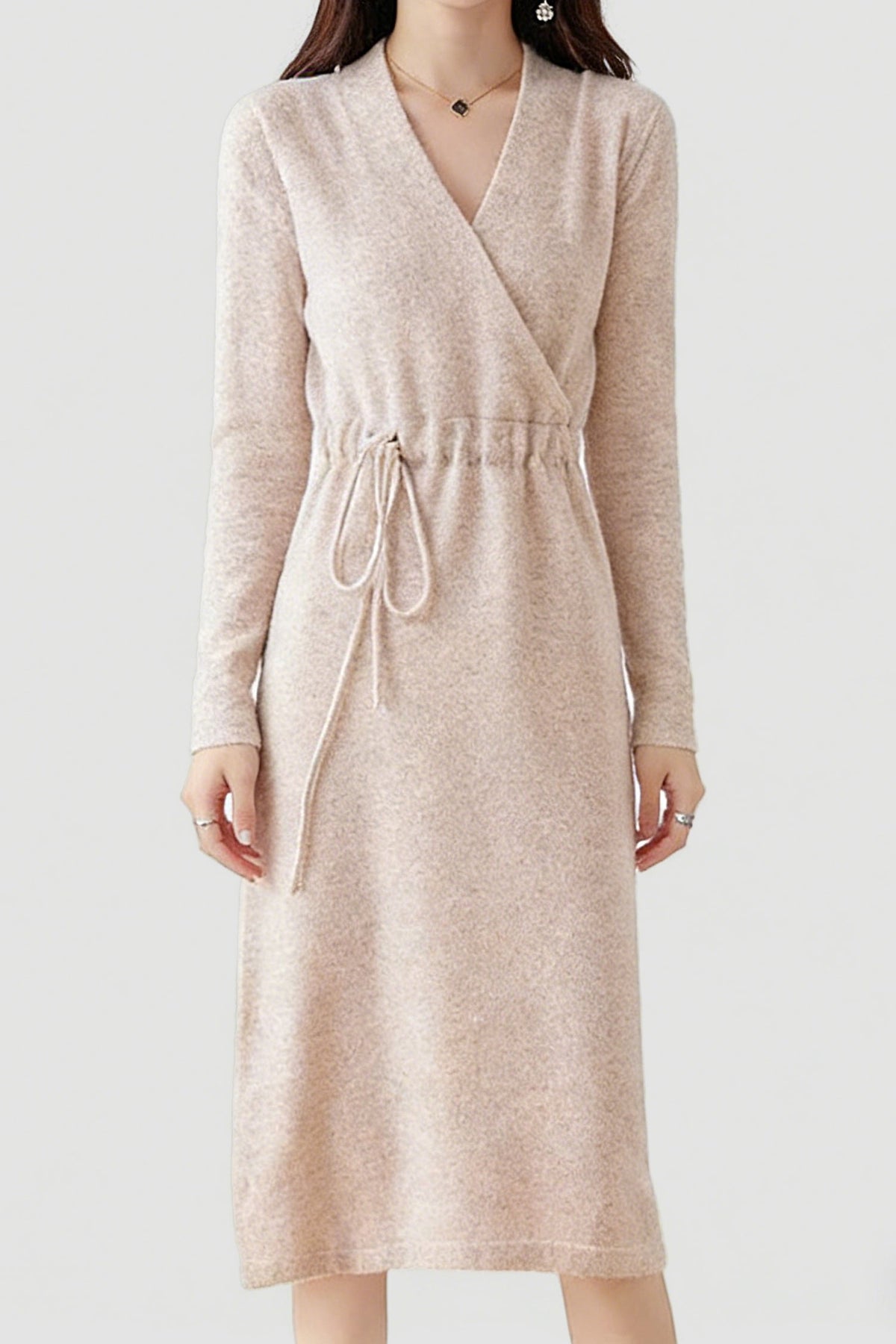 100% Wool Long Sleeve Wrap Drawstring Sweater Dress