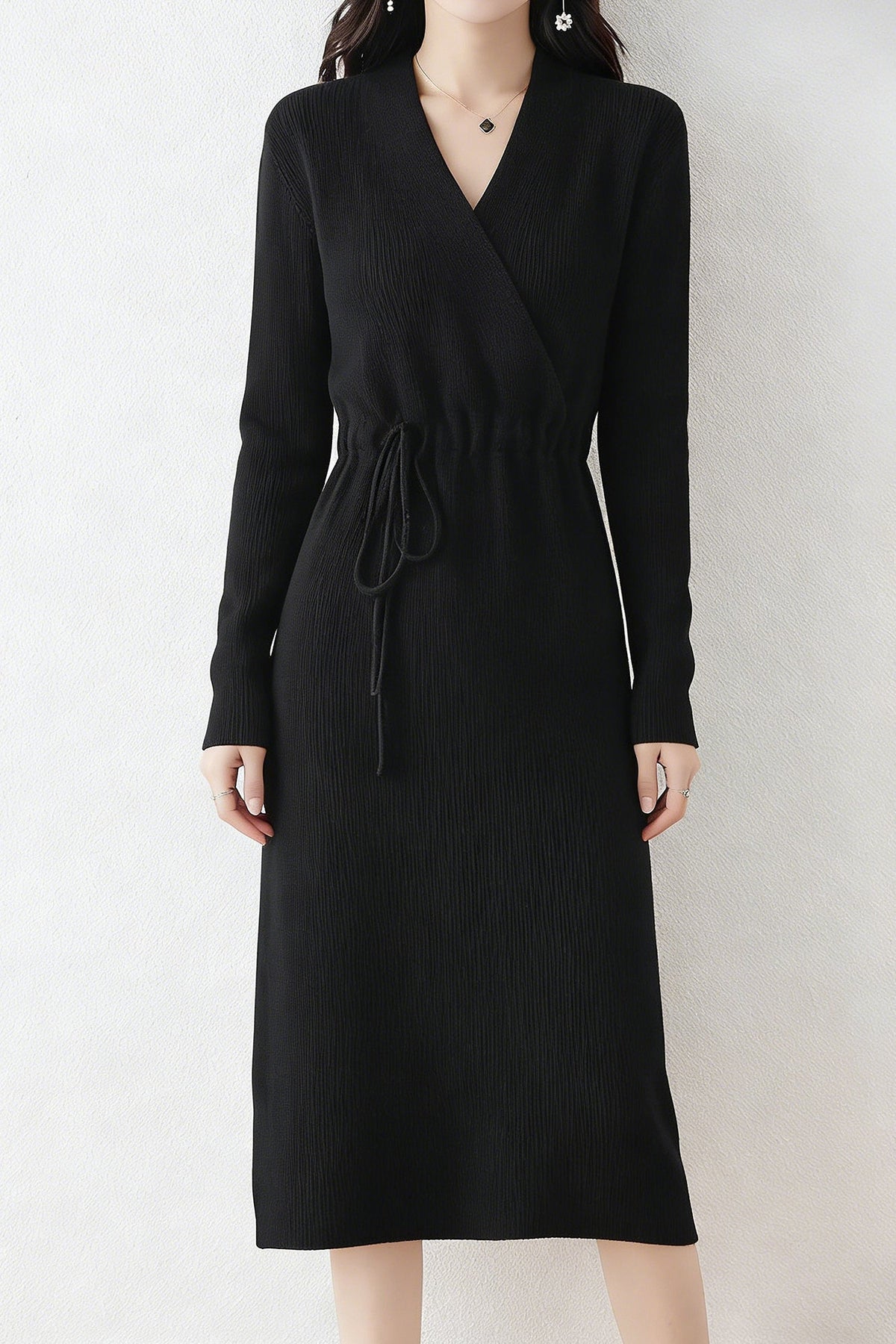 100% Wool Long Sleeve Wrap Drawstring Sweater Dress