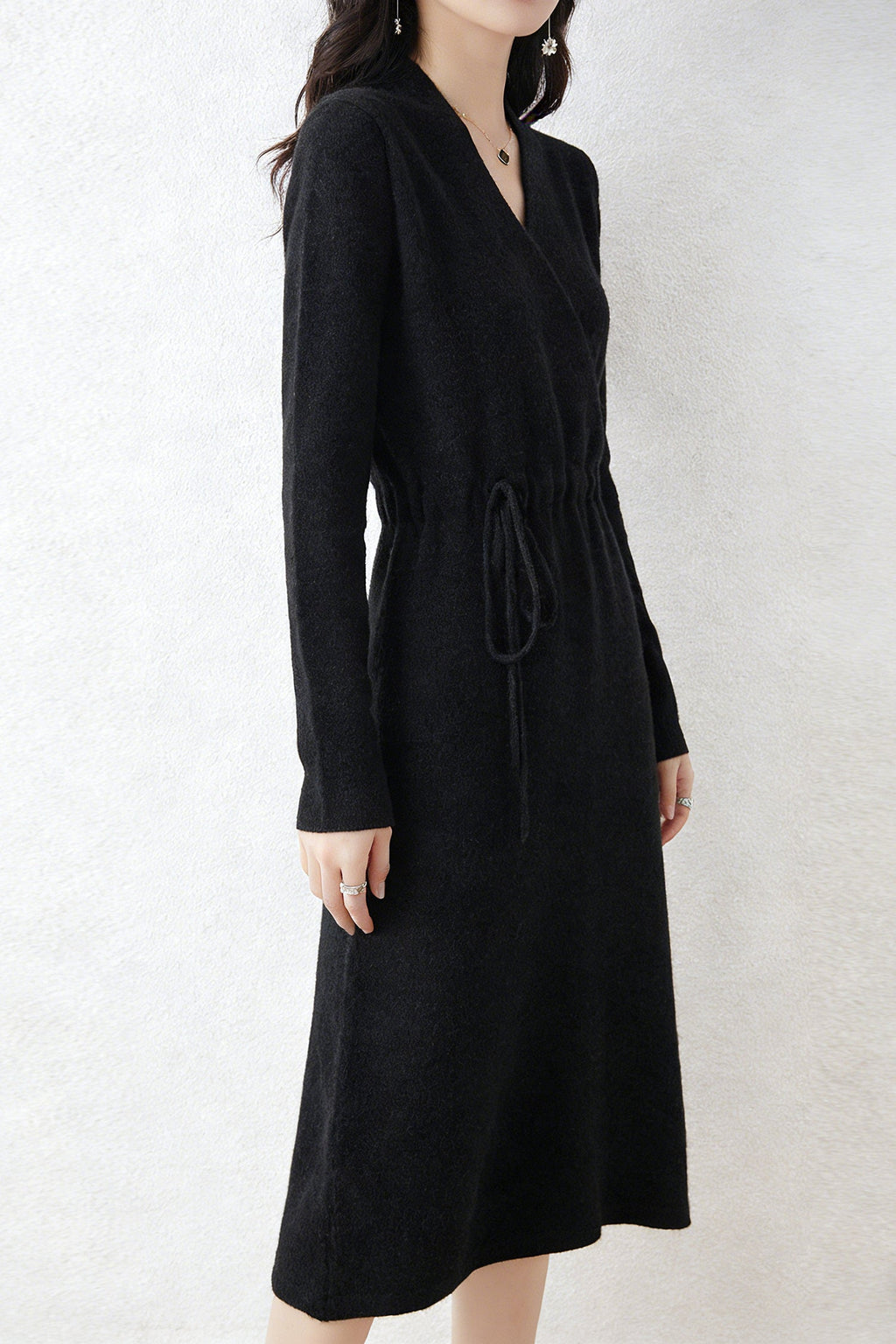 100% Wool Long Sleeve Wrap Drawstring Sweater Dress