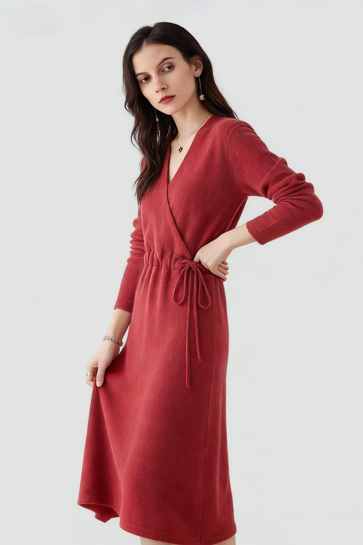 100% Wool Long Sleeve Wrap Drawstring Sweater Dress