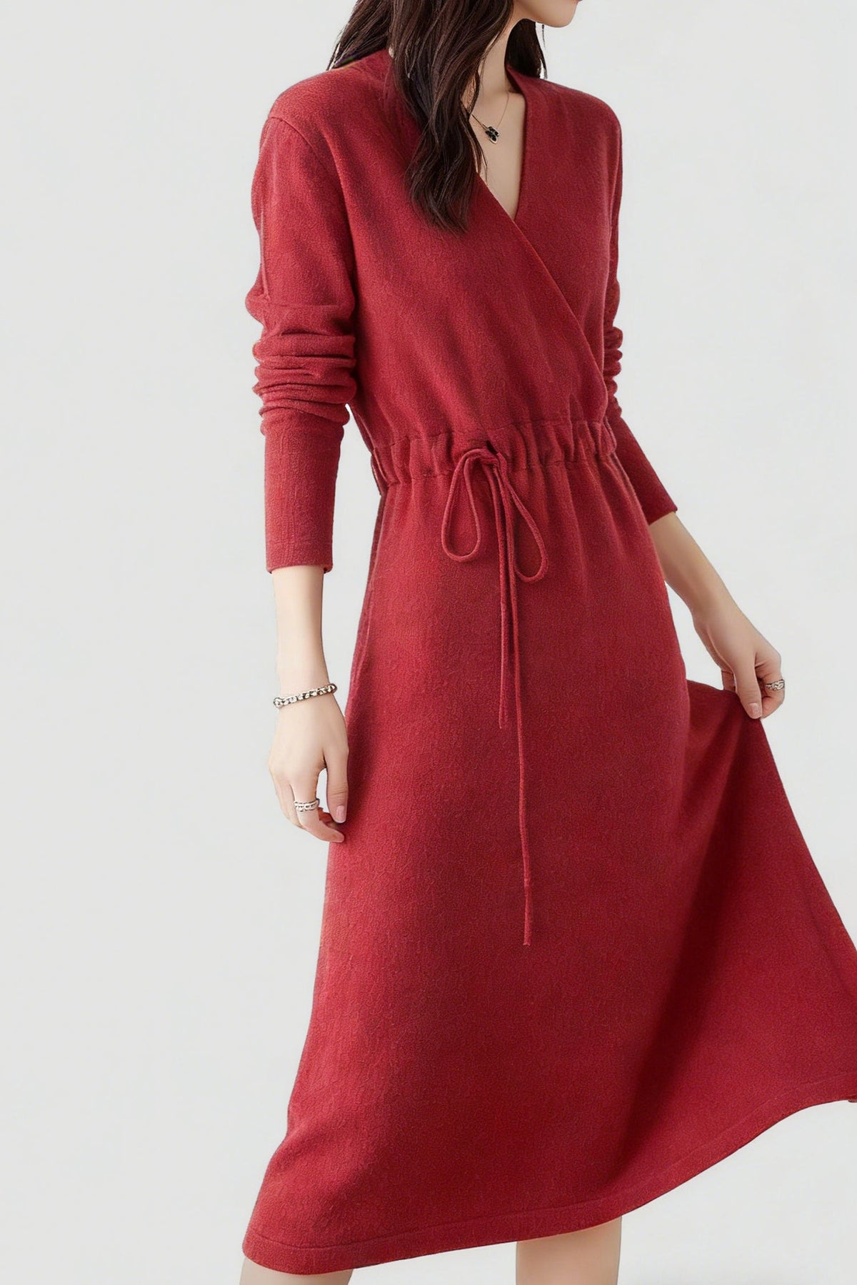 100% Wool Long Sleeve Wrap Drawstring Sweater Dress