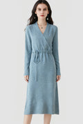 100% Wool Long Sleeve Wrap Drawstring Sweater Dress