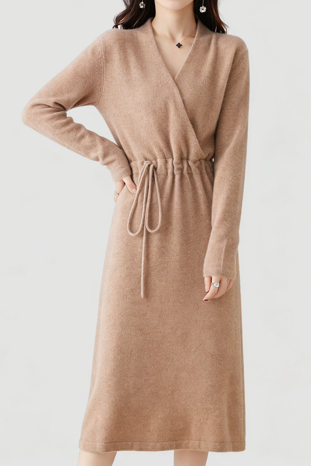 100% Wool Long Sleeve Wrap Drawstring Sweater Dress