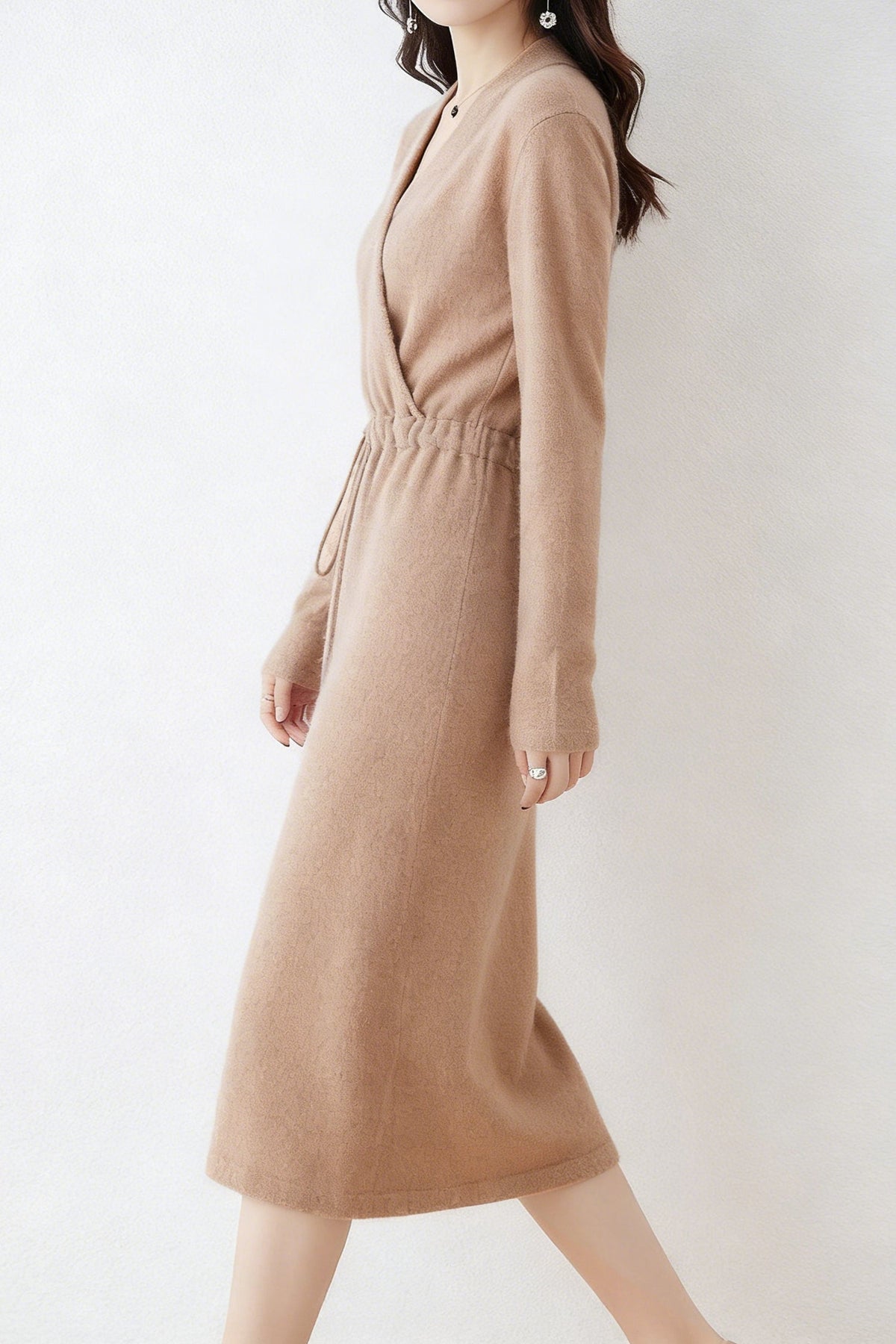 100% Wool Long Sleeve Wrap Drawstring Sweater Dress