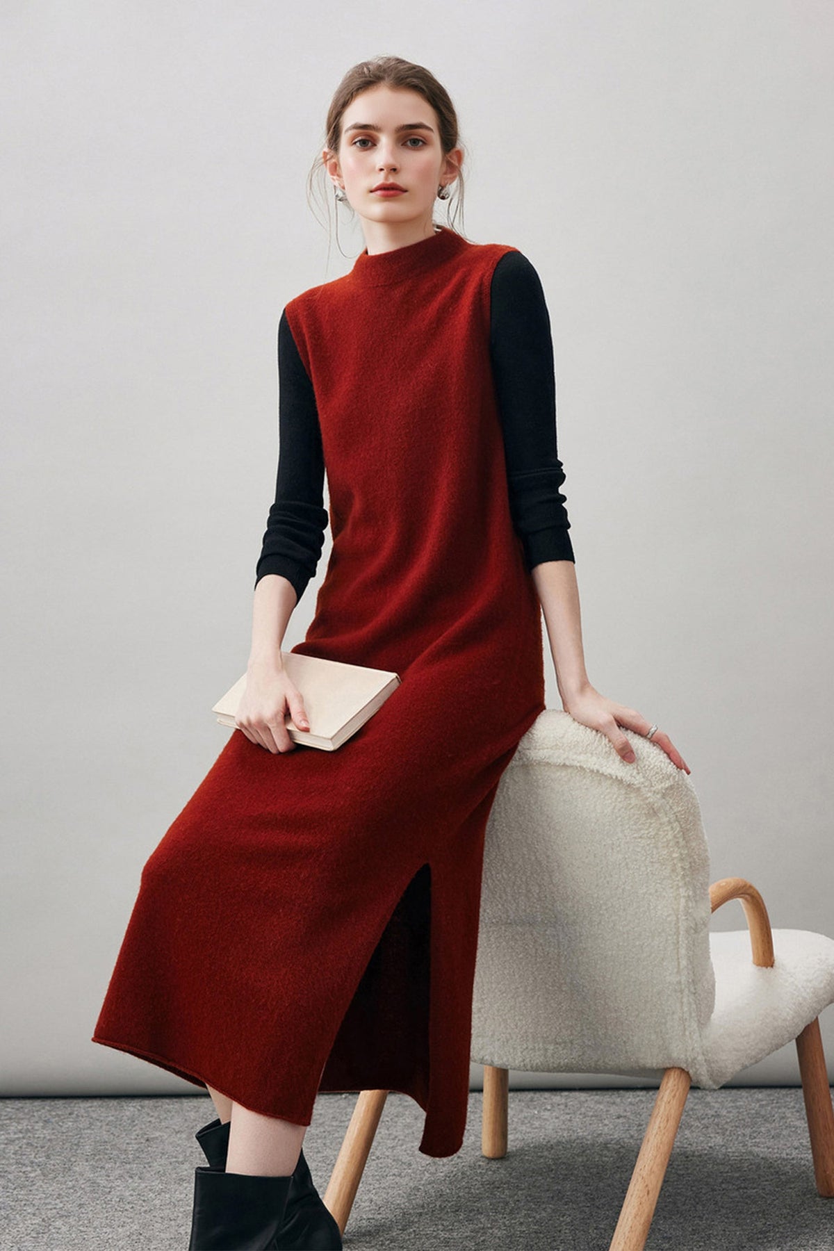 100 Wool Seamless Knit Sleeveless Midi Sweater Dress with Side Slit
