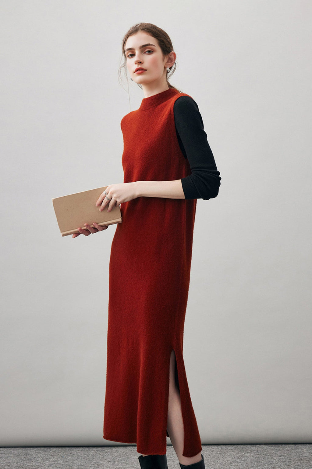 100 Wool Seamless Knit Sleeveless Midi Sweater Dress with Side Slit