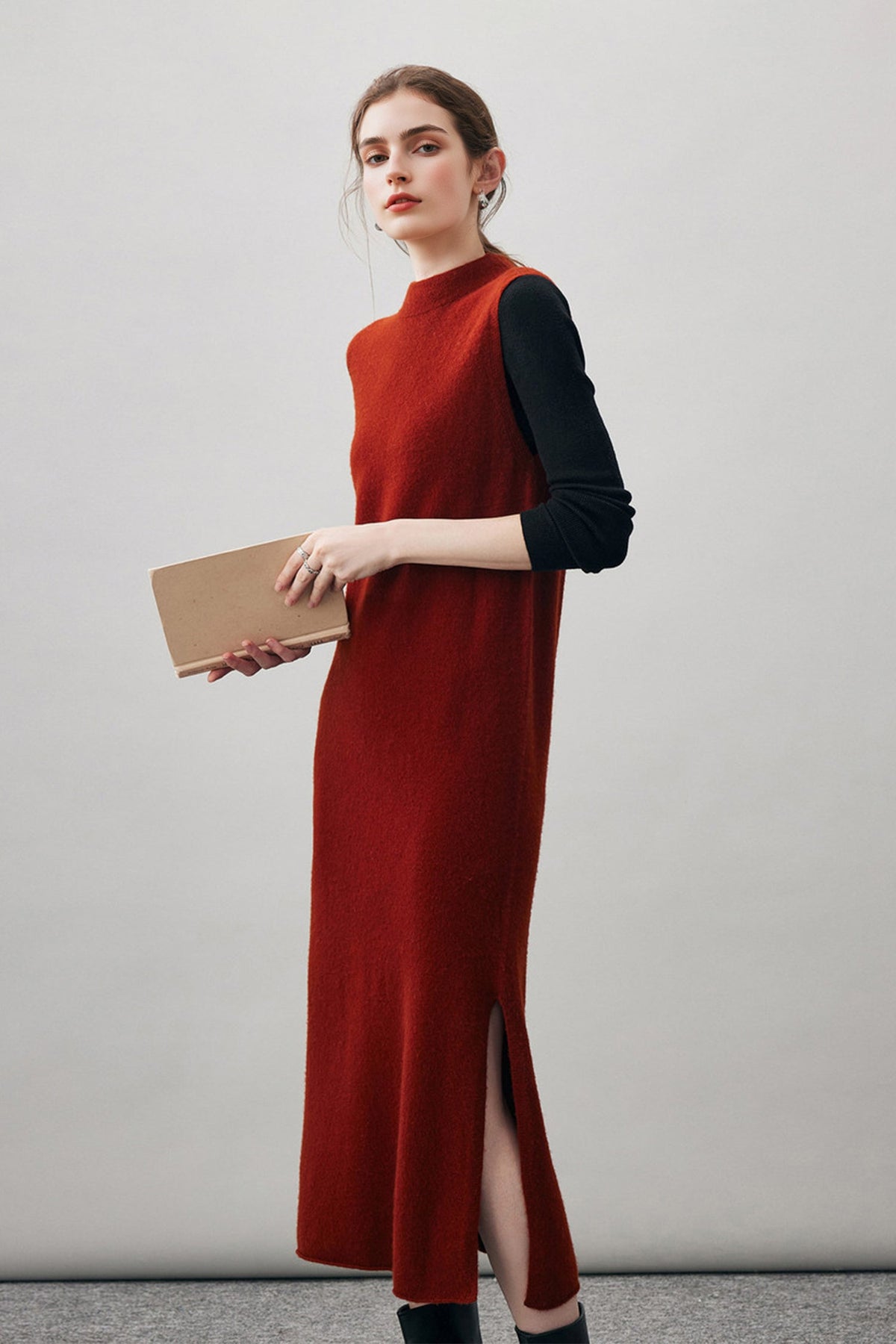 100 Wool Seamless Knit Sleeveless Midi Sweater Dress with Side Slit