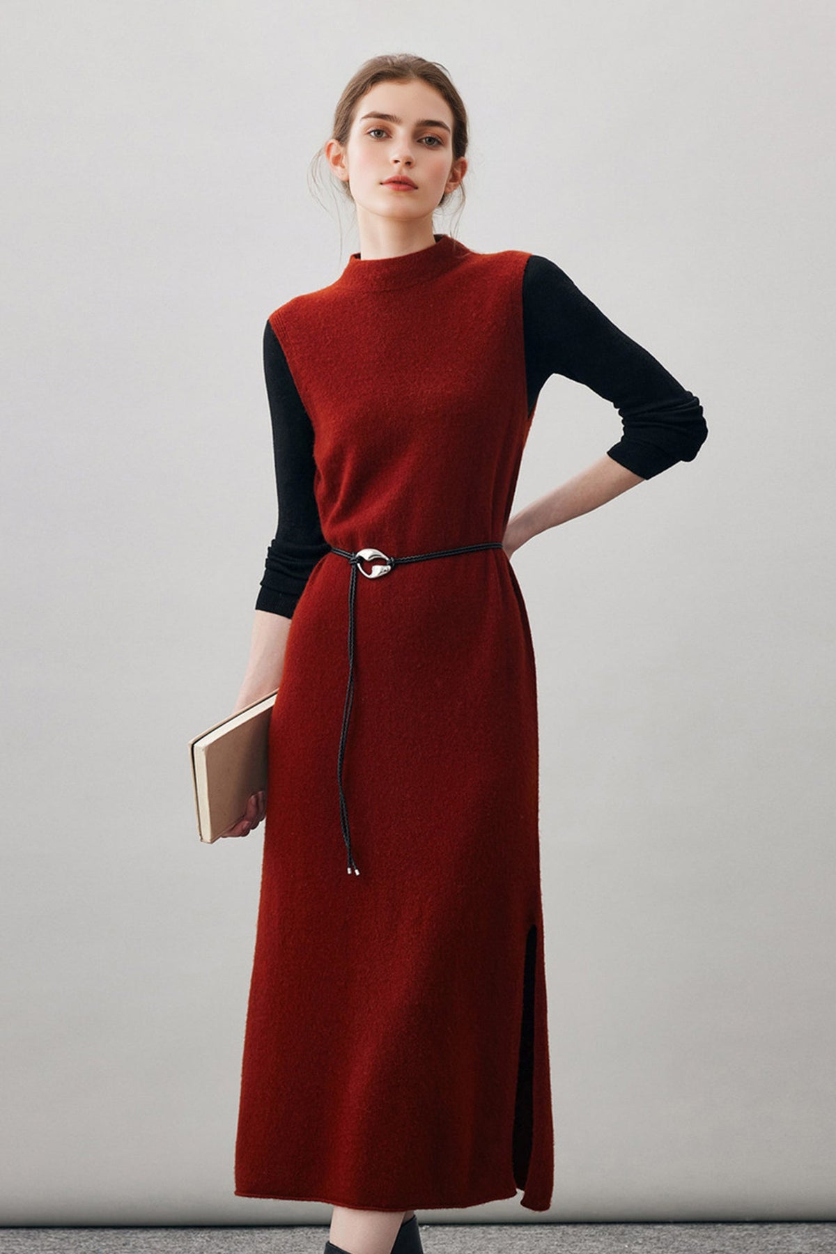 100 Wool Seamless Knit Sleeveless Midi Sweater Dress with Side Slit