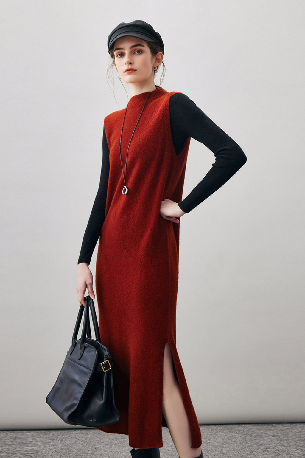 100 Wool Seamless Knit Sleeveless Midi Sweater Dress with Side Slit