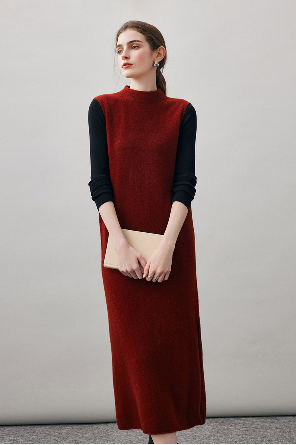 100 Wool Seamless Knit Sleeveless Midi Sweater Dress with Side Slit