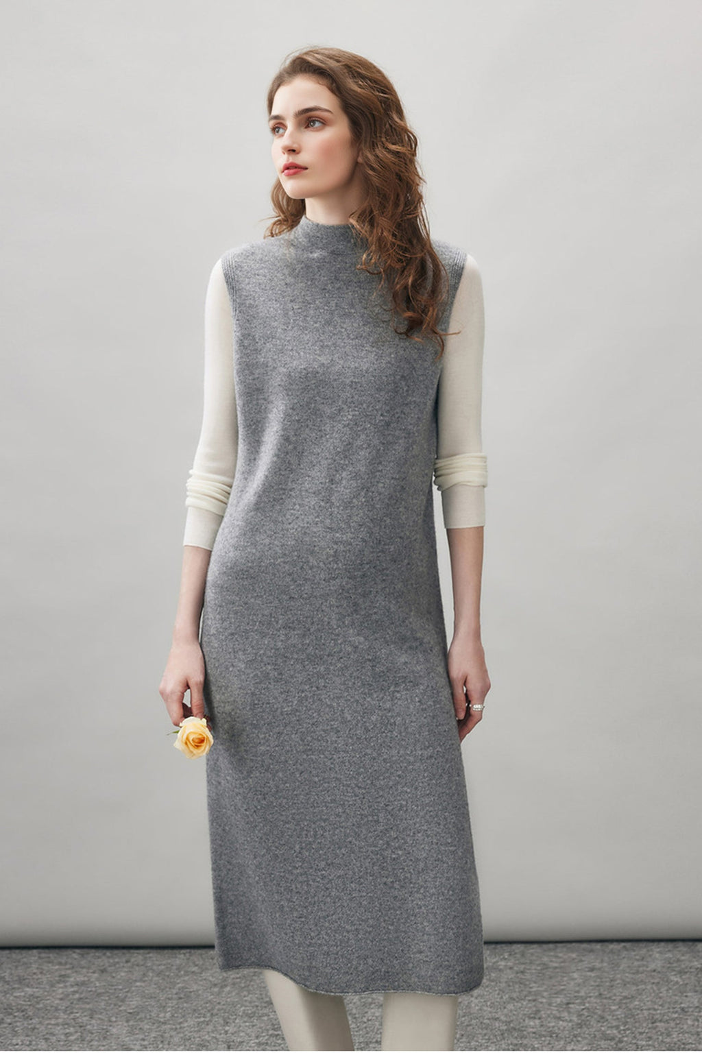 100 Wool Seamless Knit Sleeveless Midi Sweater Dress with Side Slit