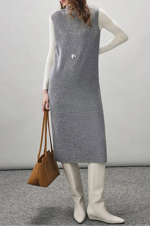 100 Wool Seamless Knit Sleeveless Midi Sweater Dress with Side Slit