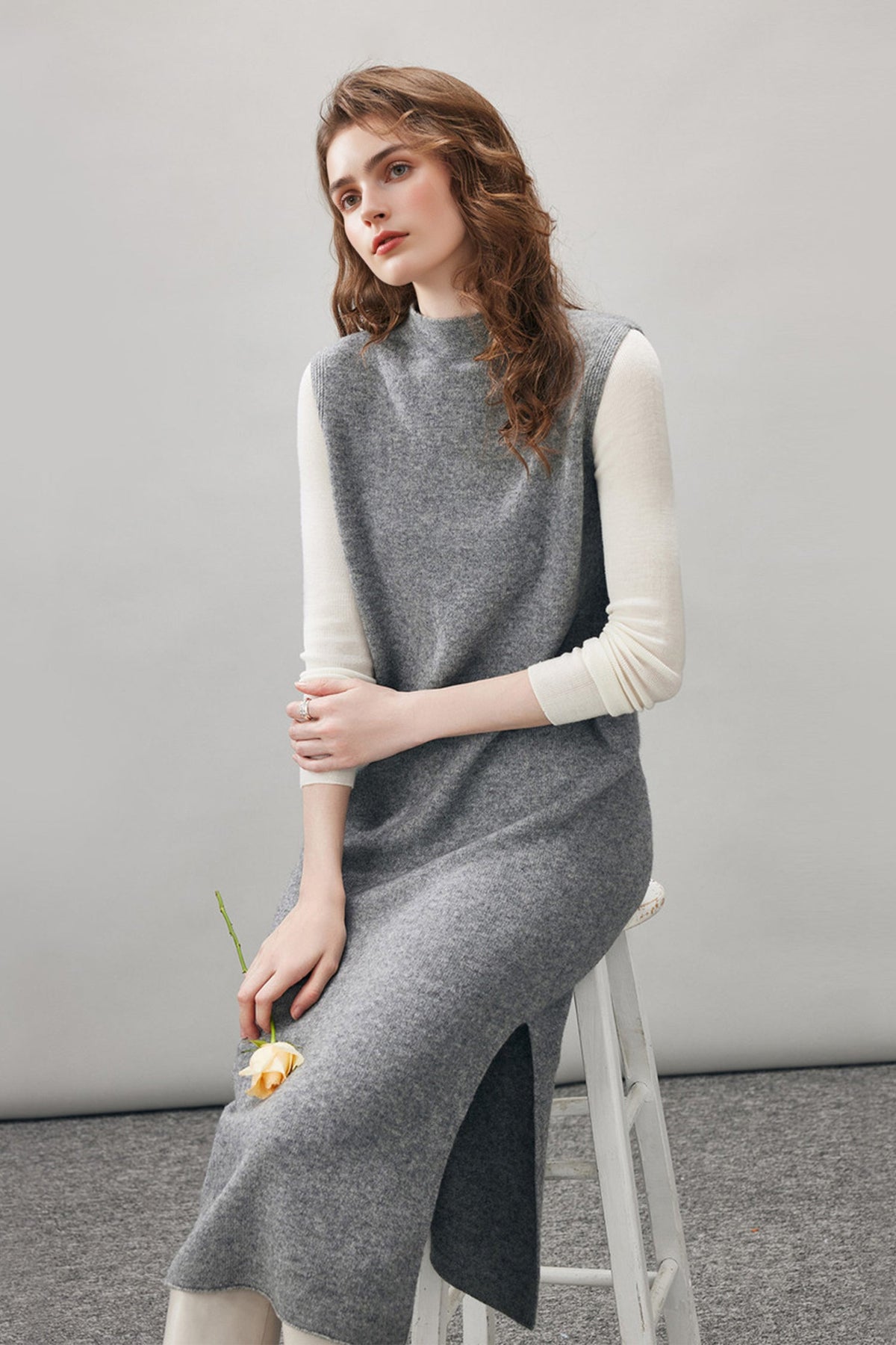 100 Wool Seamless Knit Sleeveless Midi Sweater Dress with Side Slit