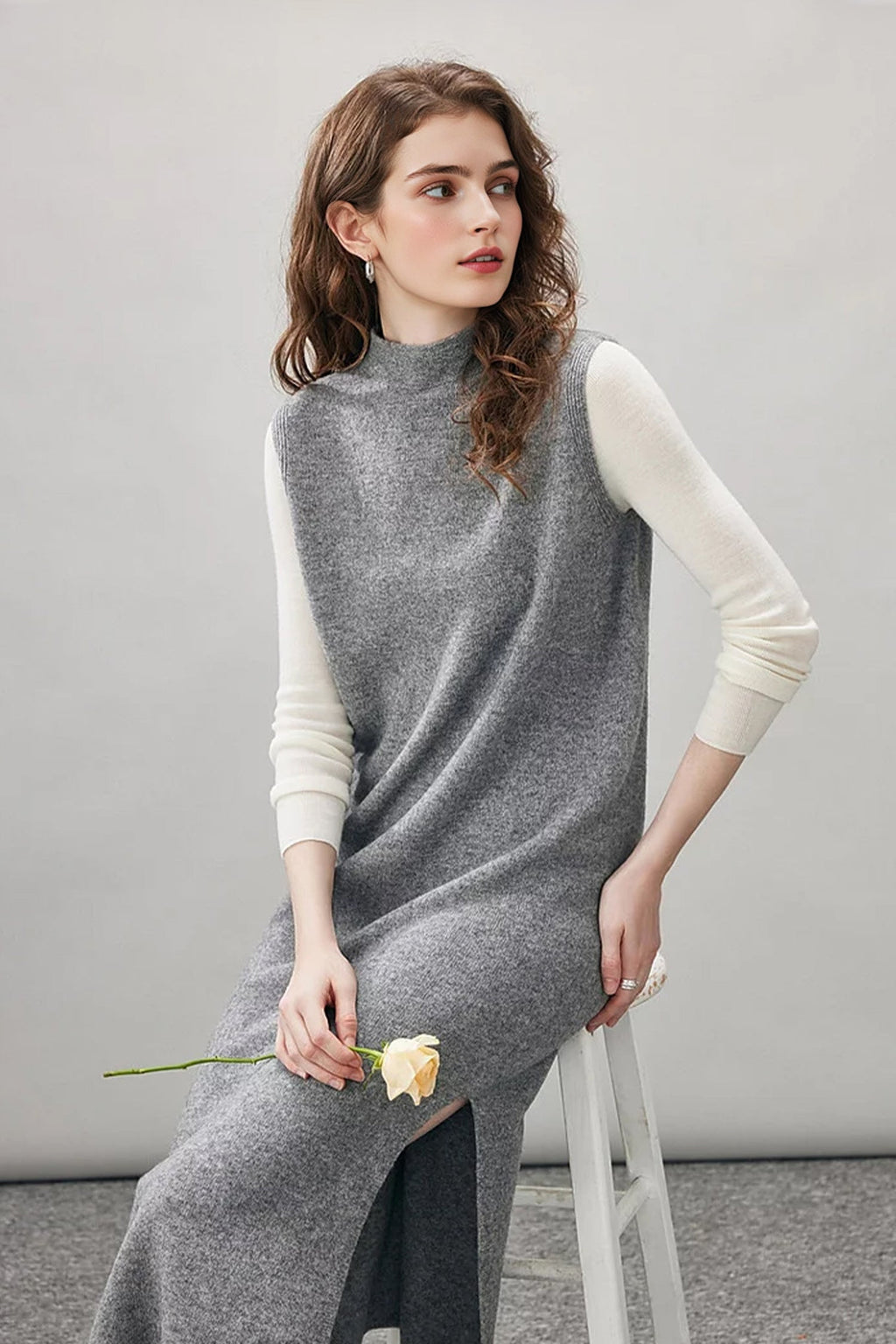 100 Wool Seamless Knit Sleeveless Midi Sweater Dress with Side Slit