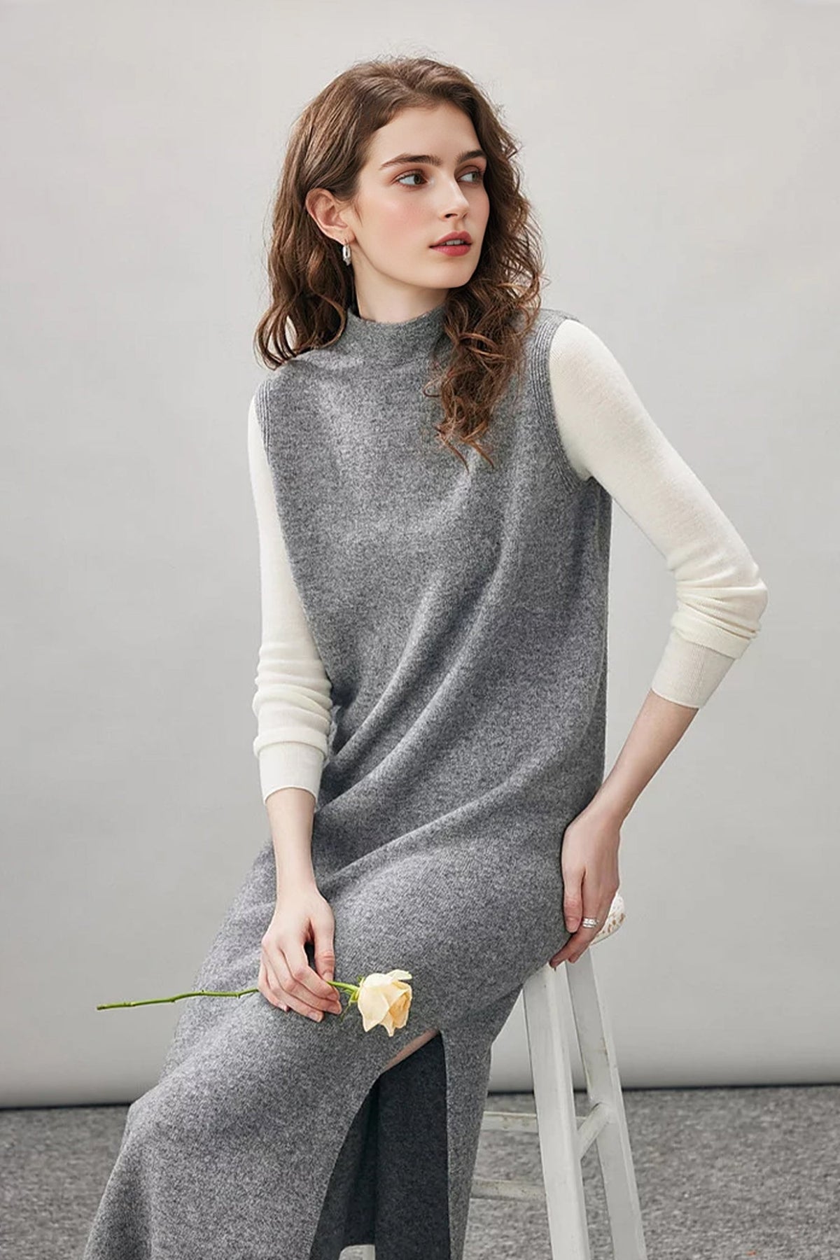 100 Wool Seamless Knit Sleeveless Midi Sweater Dress with Side Slit