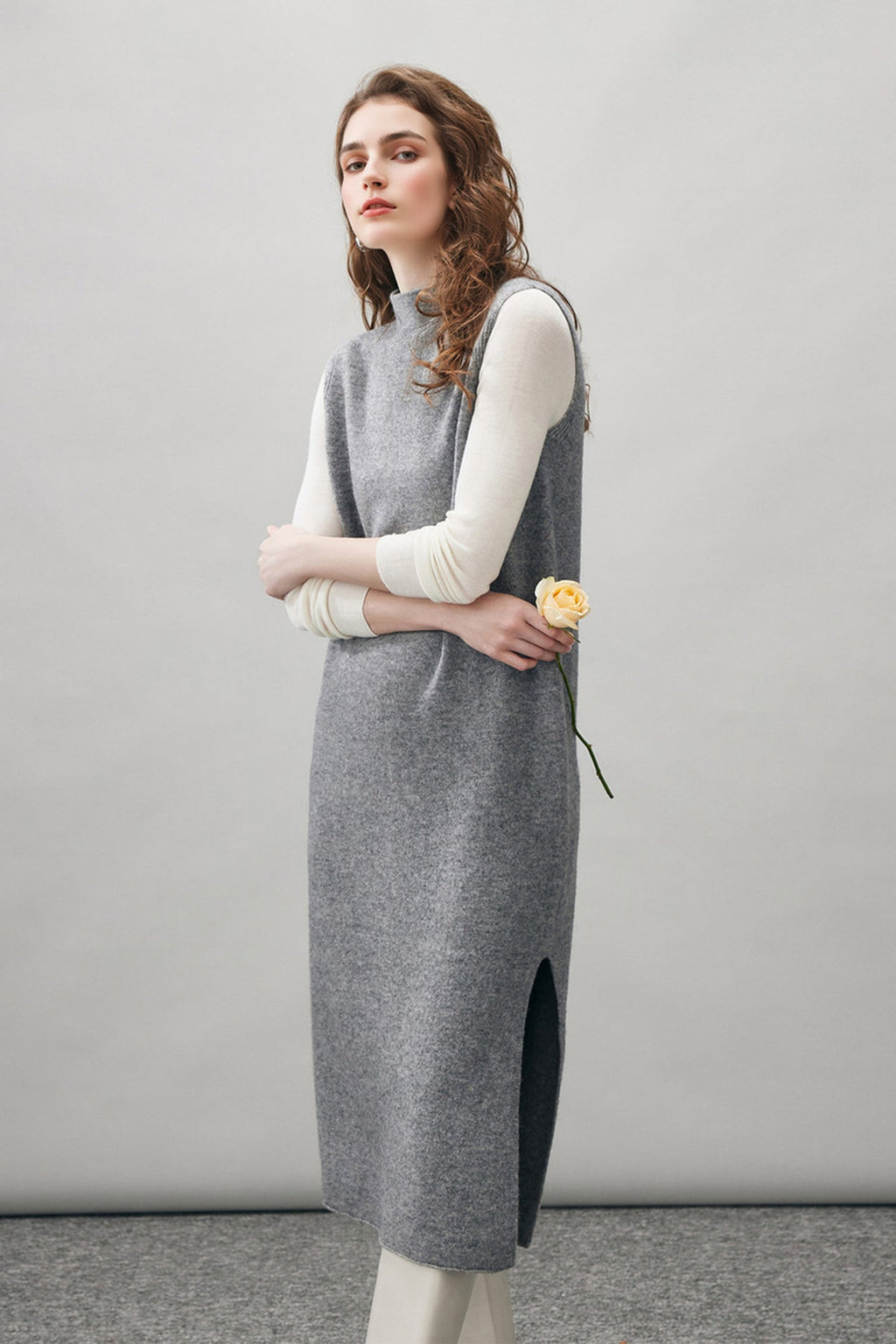 100 Wool Seamless Knit Sleeveless Midi Sweater Dress with Side Slit
