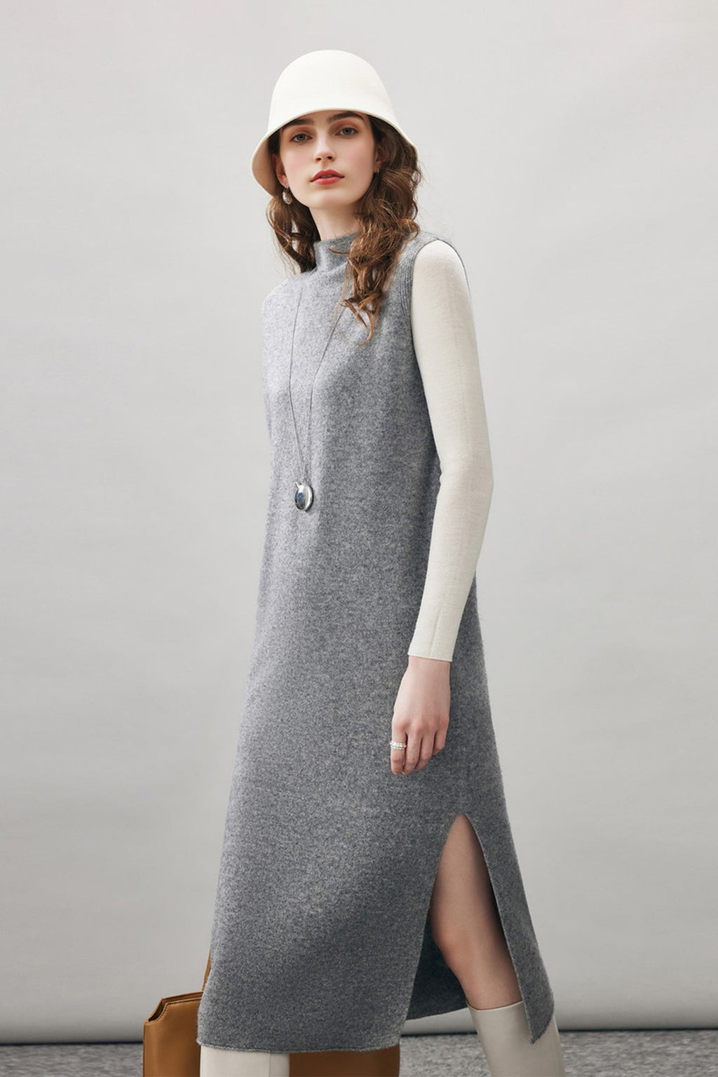 100 Wool Seamless Knit Sleeveless Midi Sweater Dress with Side Slit
