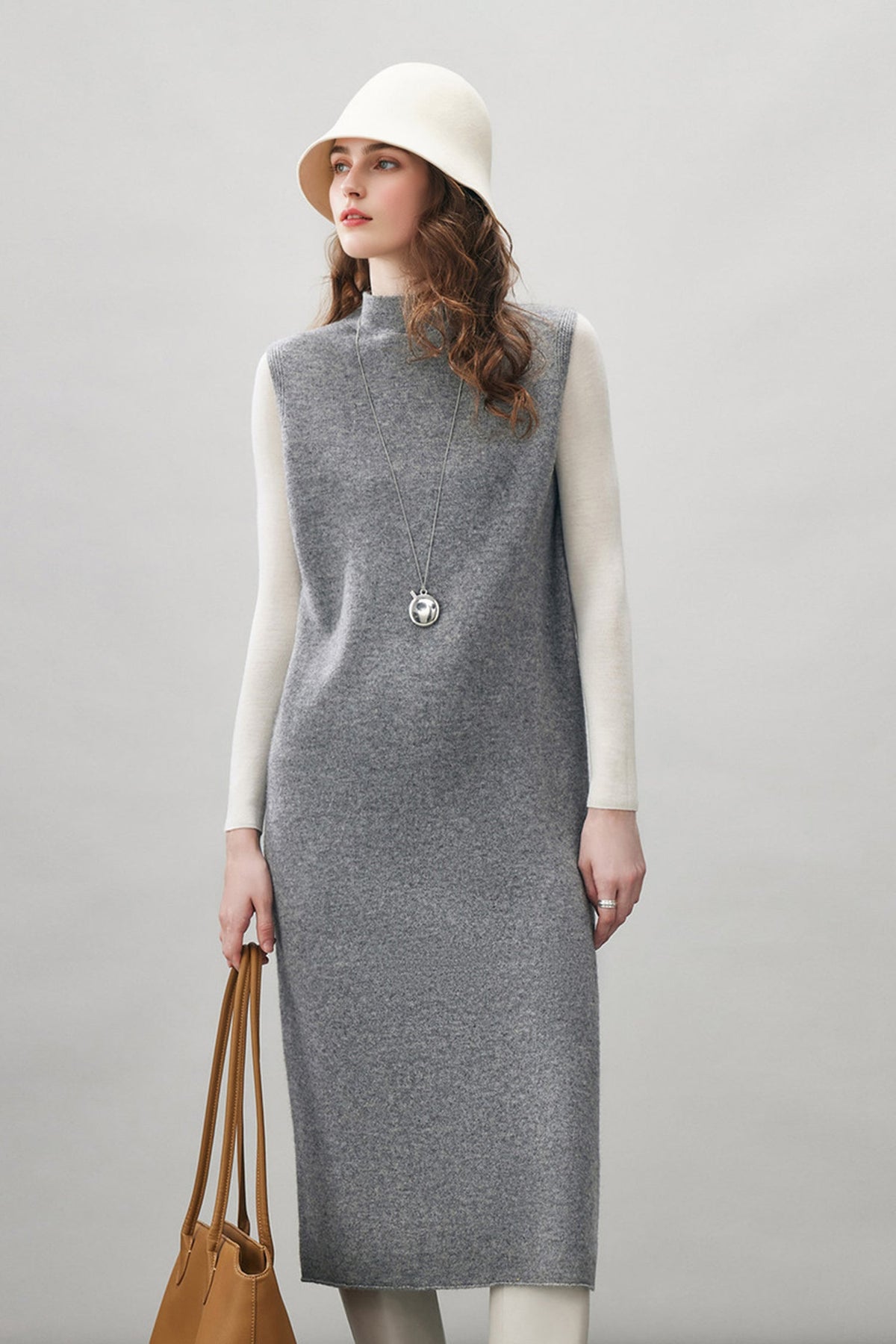 100 Wool Seamless Knit Sleeveless Midi Sweater Dress with Side Slit