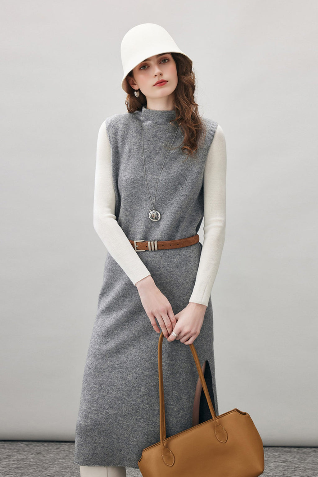 100 Wool Seamless Knit Sleeveless Midi Sweater Dress with Side Slit